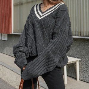Striped V-neck Drop Shoulder Oversized Sweater Grey